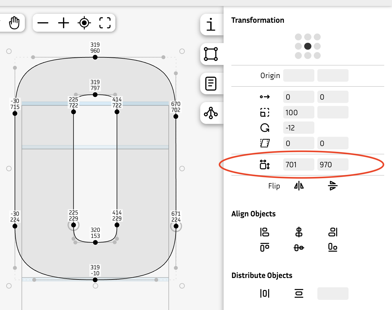 A screen shot of Fontra, highlighting the editable dimensions fields.