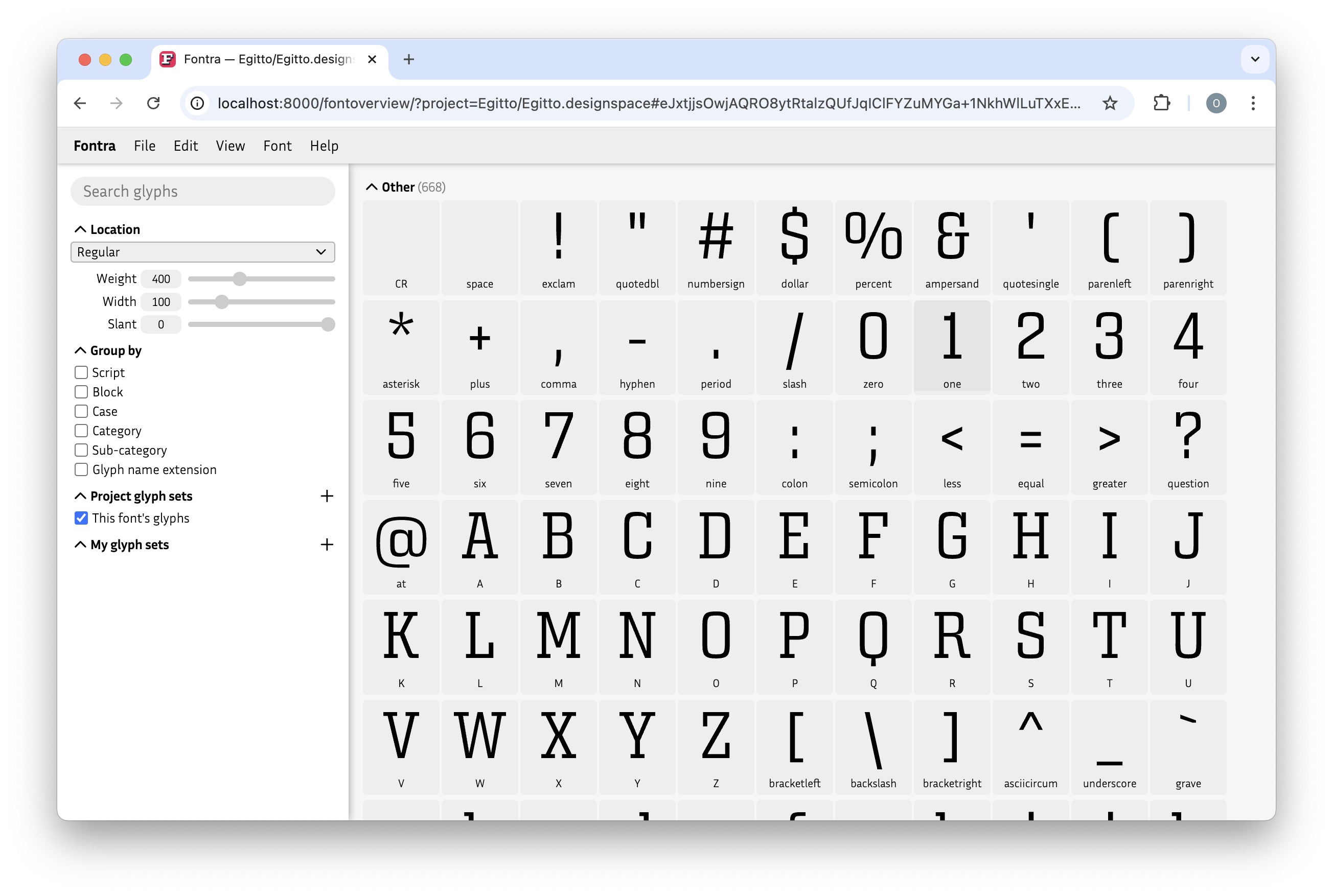 Screenshot of Fontra's Font Overview