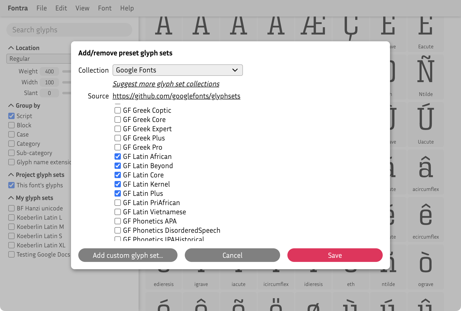 Screenshot of the Fontra Add/remove preset glyph sets dialog